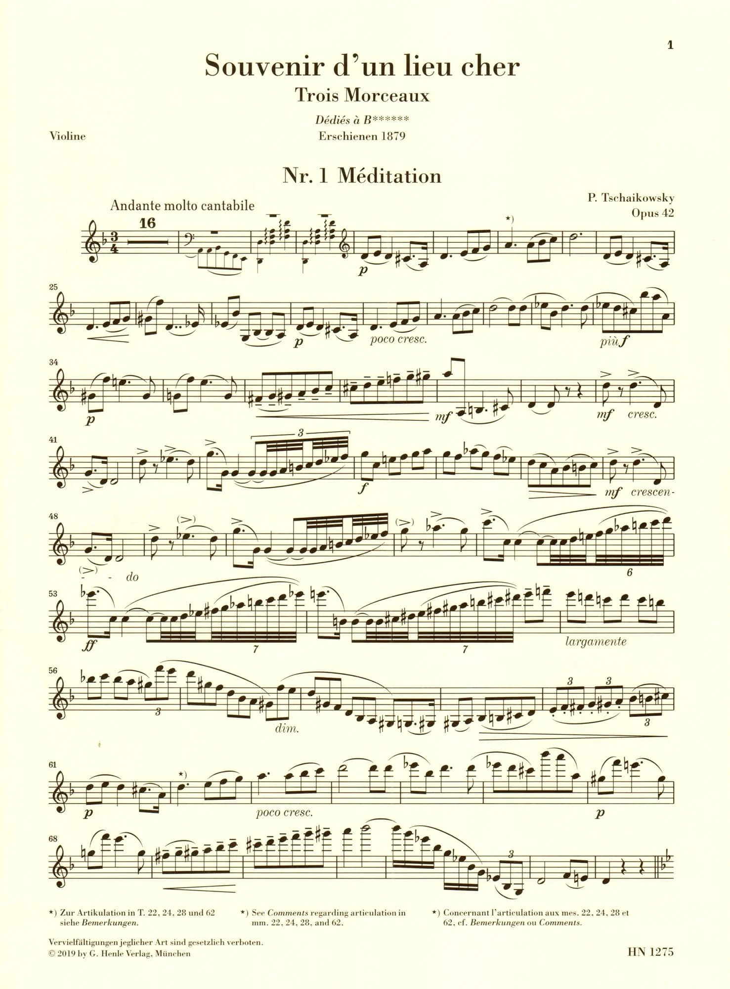 Tchaikovsky, PI - Souvenir d'un Lieu Cher, Op 42 - Violin and Piano - edited by Komarov - G Henle Verlag URTEXT - Image 2