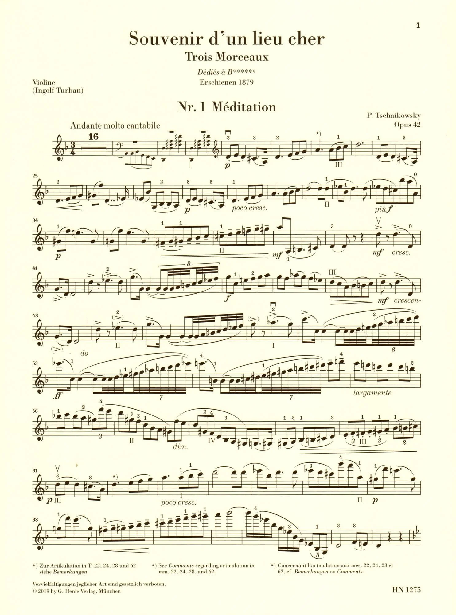 Tchaikovsky, PI - Souvenir d'un Lieu Cher, Op 42 - Violin and Piano - edited by Komarov - G Henle Verlag URTEXT - Image 3