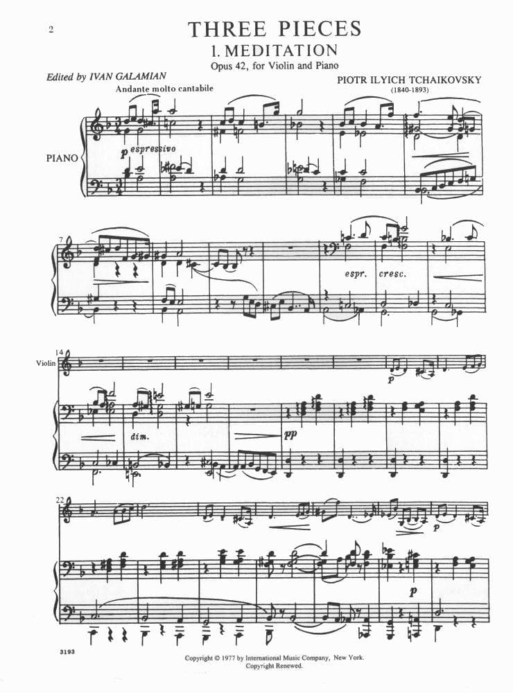 Tchaikovsky, PI - Souvenir d'un Lieu Cher: Meditation, Scherzo and Melodie, Op 42 - Violin and Piano - edited by Galamian - International Music Company - Image 2