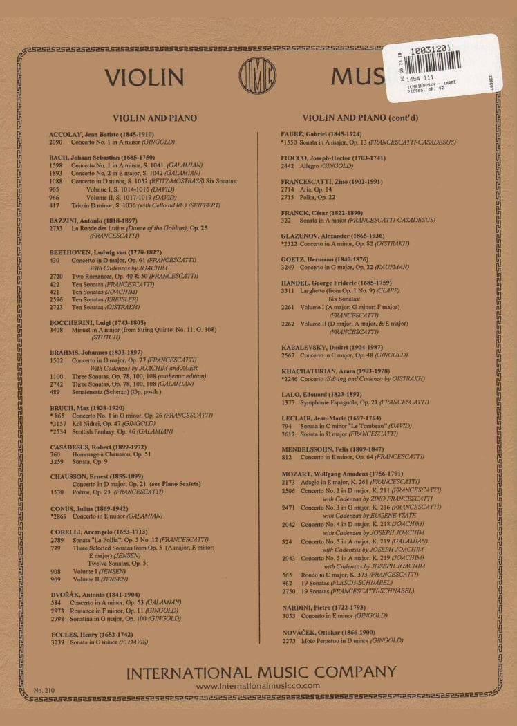 Tchaikovsky, PI - Souvenir d'un Lieu Cher: Meditation, Scherzo and Melodie, Op 42 - Violin and Piano - edited by Galamian - International Music Company - Image 3