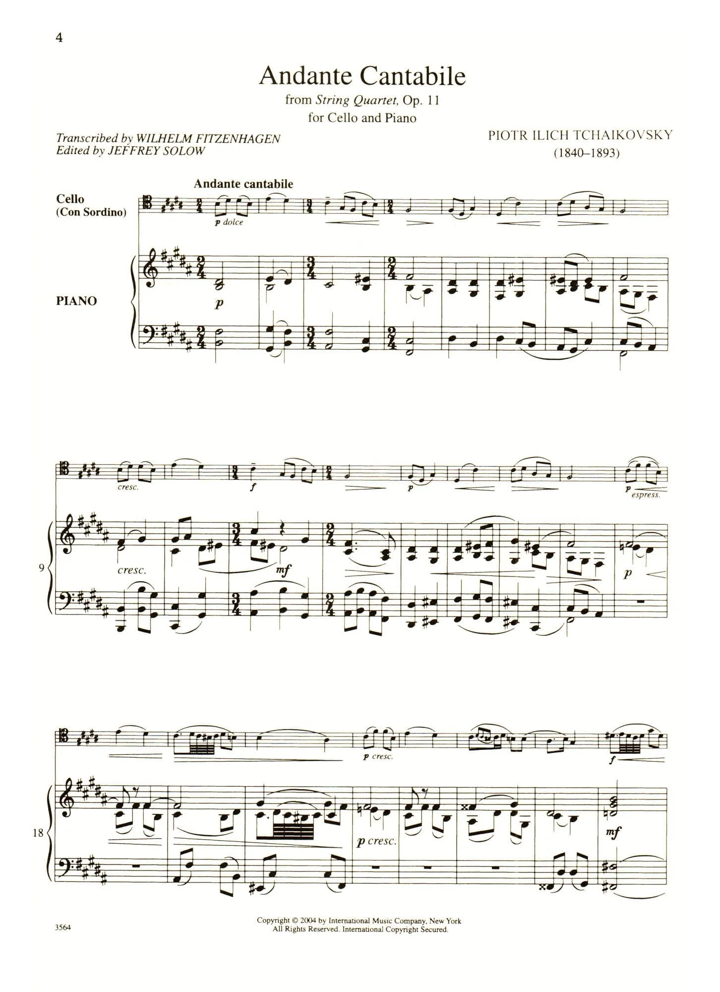 Tchaikovsky, Pyotr Ilyich - Andante Cantabile, Op 11 For Cello and Piano Published by International Music Company - Image 2