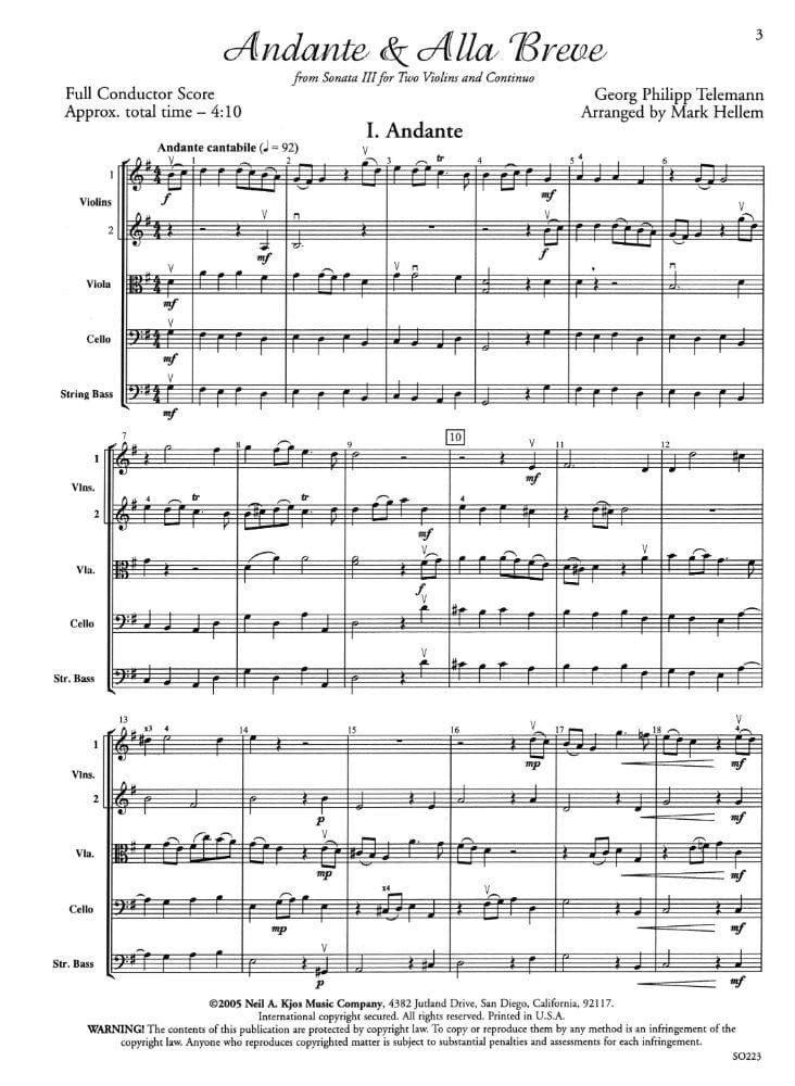 Telemann-Andante and Alla Breve for String Orch - Image 2