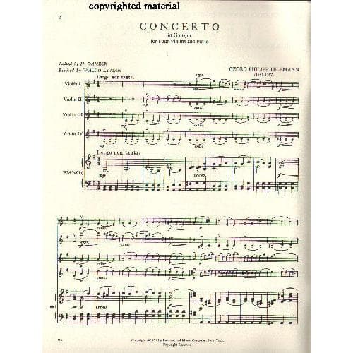 Telemann, Georg Philipp - Concerto In G Major, TWV 40:201 For Four Violins and Piano Published by International Music Company - Image 2