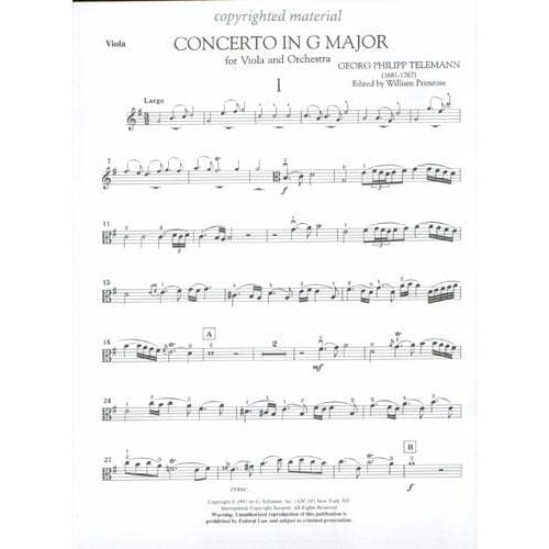 Telemann, Georg Philipp - Concerto in G Major TWV 51:G9 For Viola and Piano Edited by Primrose Published by G Schirmer - Image 2
