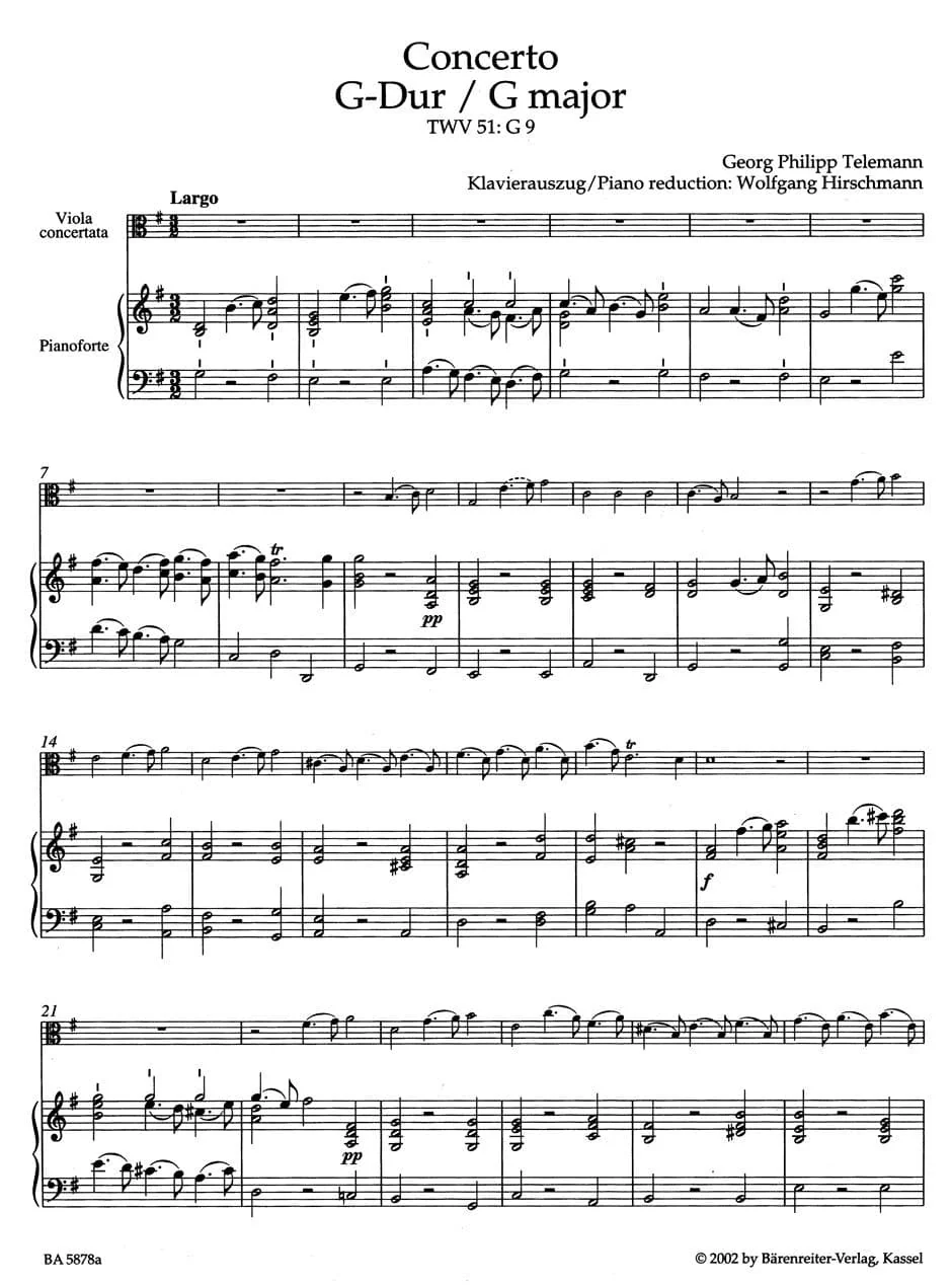 Telemann, Georg Philipp - Concerto in G Major, TWV 51:G9 - Viola and Piano - edited by Wolfgang Hirschmann - Bärenreiter Verlag URTEXT - Image 2