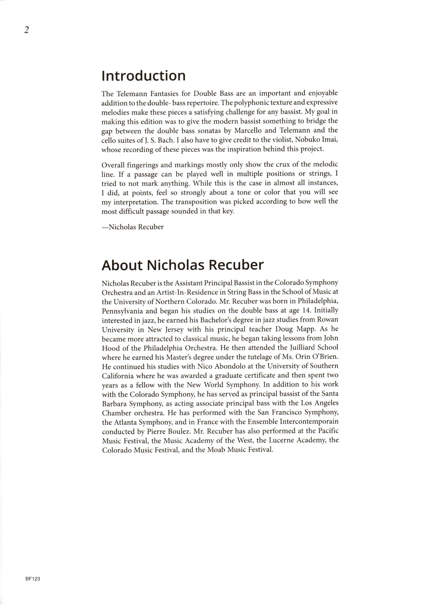 Telemann, G.P. - Fantasies for the Double Bass - for Solo Bass - transcribed and edited by Nicholas Recuber - Carl Fischer - Image 3