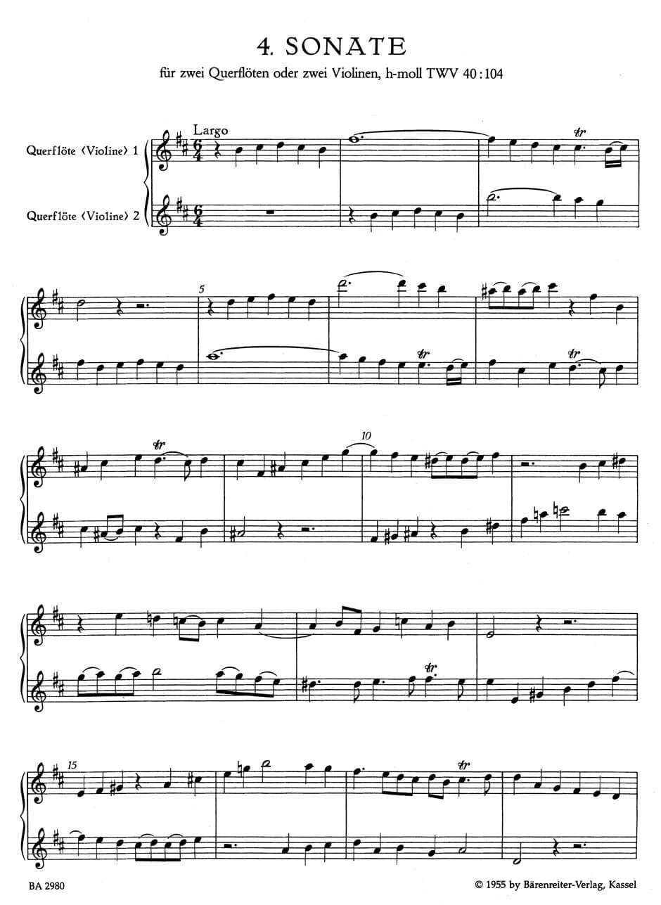 Telemann, Georg Philipp - Six Sonatas for Two Flutes or Two Violins, Op 2, TWV 40:101-106, Vol II - edited by Gunter Hauswald - Barenreiter URTEXT - Image 2