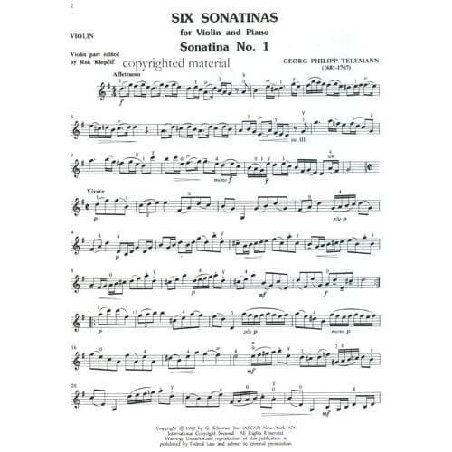 Telemann, Georg Philipp - Six Sonatinas (from TWV 41) (1718) For Violin and Piano Published by G Schirmer - Image 2