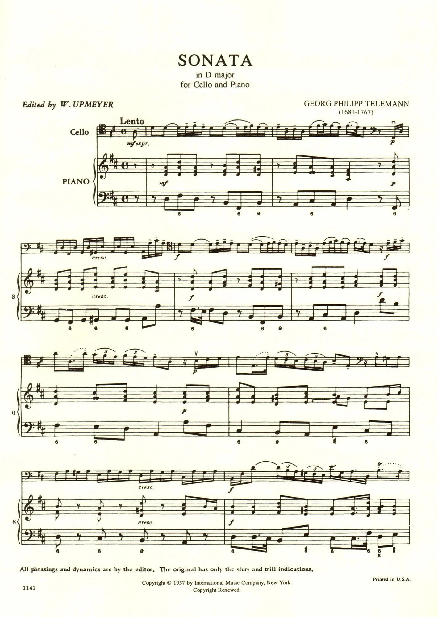 Telemann, Georg Philipp - Sonata In D Major TWV 41:D6 For Cello and Piano Published by International Music Company - Image 2
