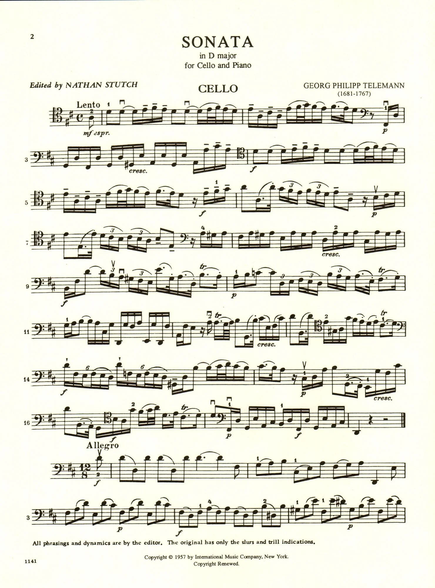 Telemann, Georg Philipp - Sonata In D Major TWV 41:D6 For Cello and Piano Published by International Music Company - Image 3