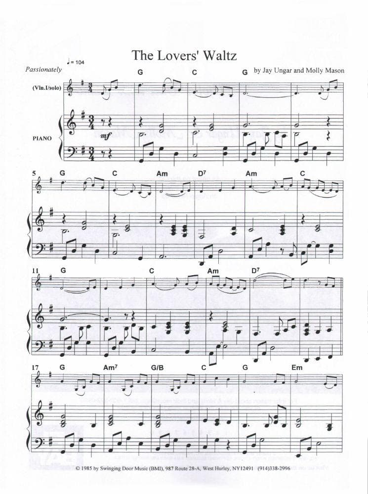 The Lover's Waltz For Two Violins and Piano By Jay Ungar and Molly Mason Published by Mel Bay Publications - Image 2