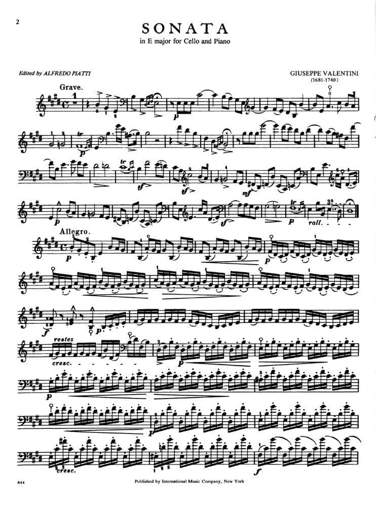 Valentini - Sonata In E Major For Cello and Piano Edited by Piatti Published by International Music Company - Image 2