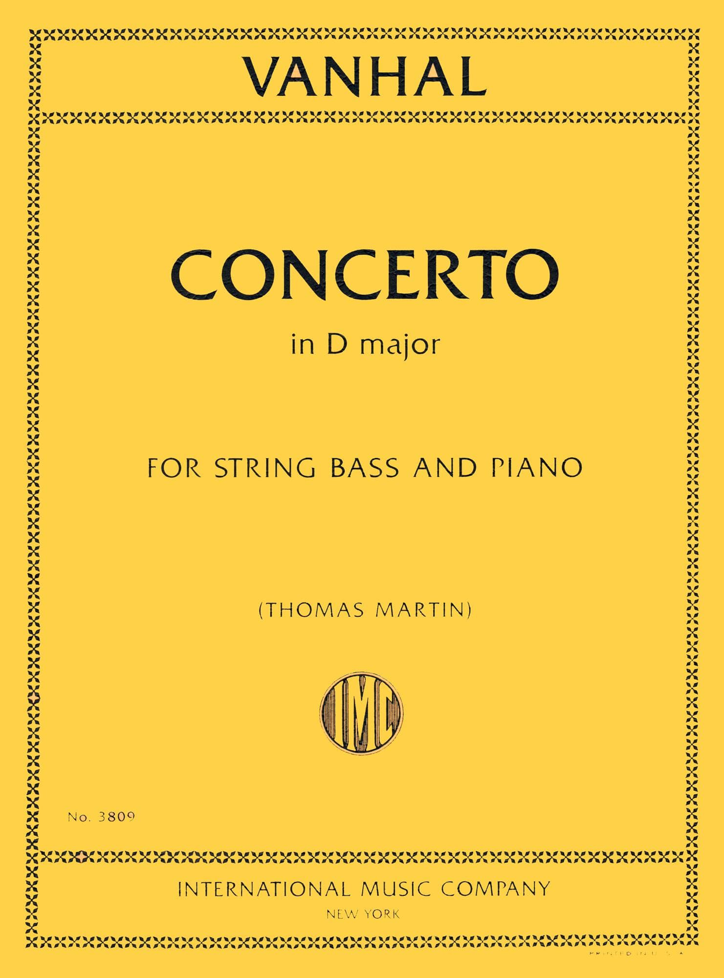 Vanhal, Johann Baptist - Concerto In D Major - for Bass and Piano - edited by Thomas Martin - International Music Company