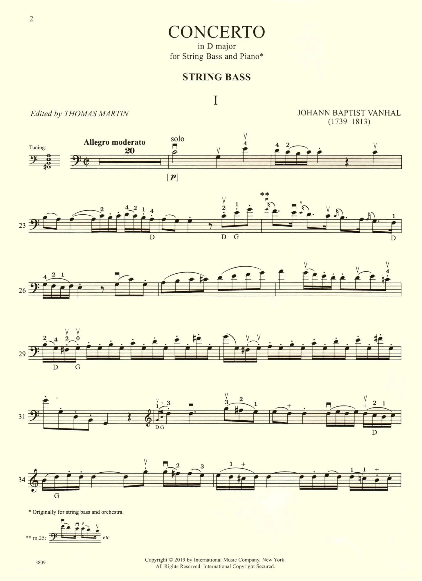 Vanhal, Johann Baptist - Concerto In D Major - for Bass and Piano - edited by Thomas Martin - International Music Company - Image 2