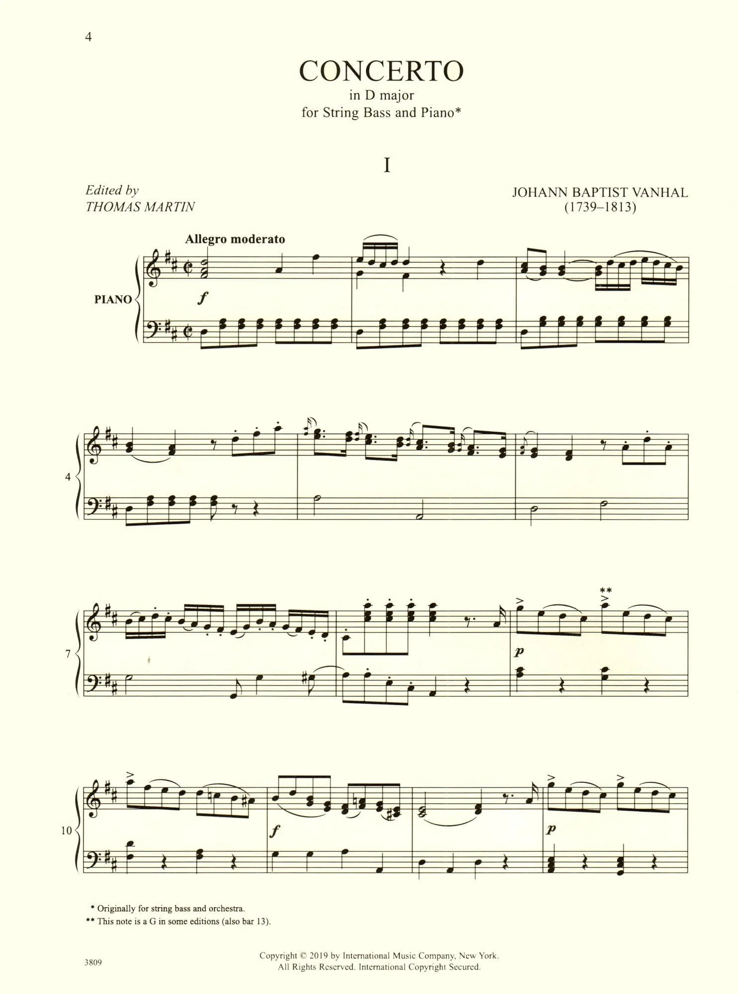 Vanhal, Johann Baptist - Concerto In D Major - for Bass and Piano - edited by Thomas Martin - International Music Company - Image 3