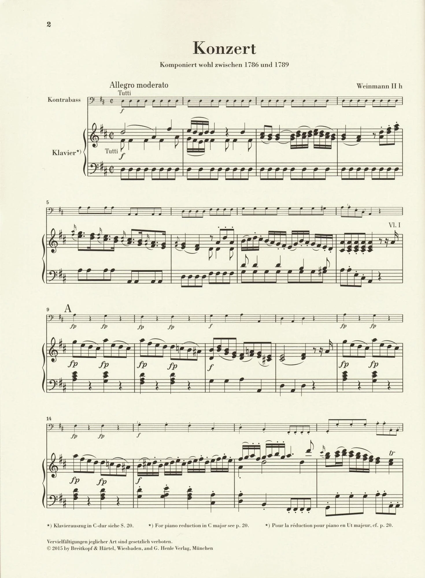 Vanhal, Johann Baptist - Double Bass Concerto - for Bass and Piano - G. Henle Verlag URTEXT - Image 2