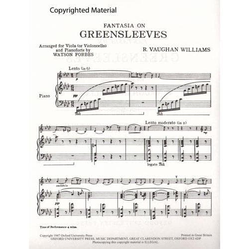 Vaughan Williams, Ralph - Fantasia On Greensleeves For Viola or Cello and Piano Published by Oxford University Press - Image 2