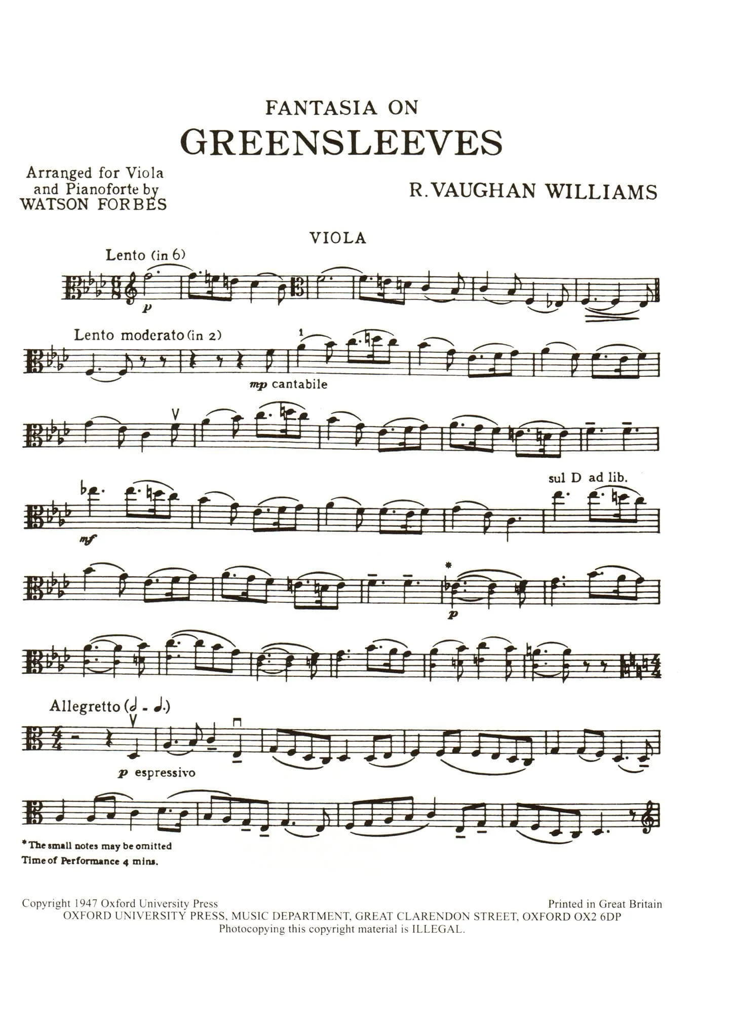 Vaughan Williams, Ralph - Fantasia On Greensleeves For Viola or Cello and Piano Published by Oxford University Press - Image 3