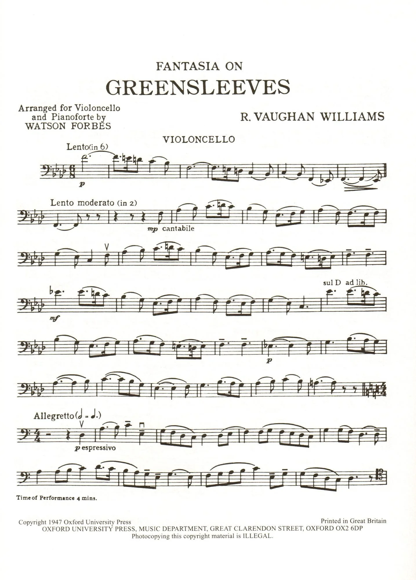 Vaughan Williams, Ralph - Fantasia On Greensleeves For Viola or Cello and Piano Published by Oxford University Press - Image 4