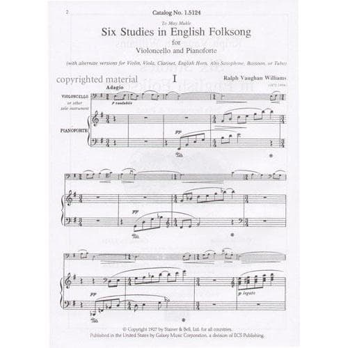 Vaughan Williams, Ralph - Six Studies in English Folksong - Cello and Piano - Galaxy Music Corporation - Image 2