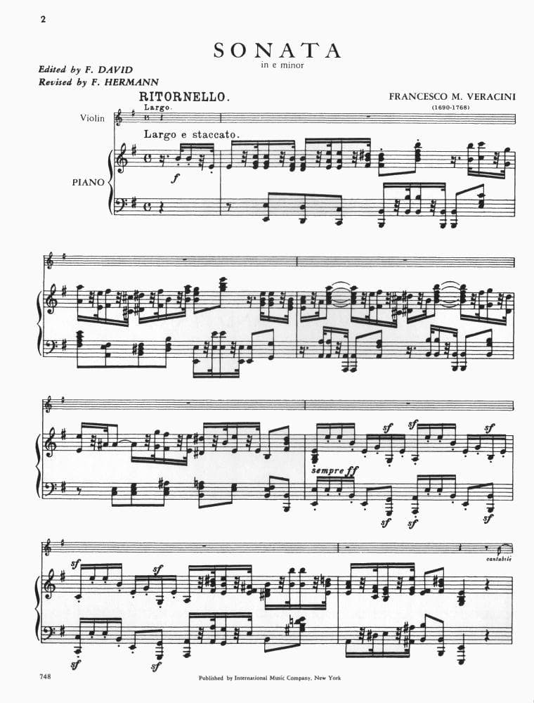 Veracini, FM - Violin and Piano - Violin Sonata in E Minor - edited by David/Hermann - International Music Company - Image 2