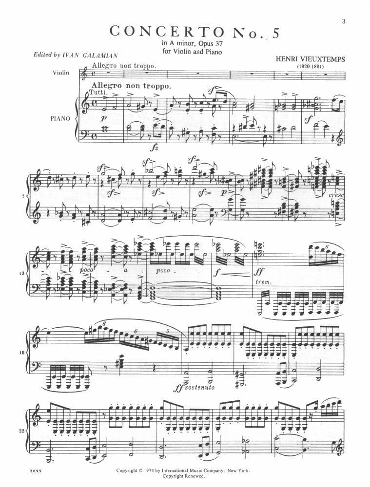 Vieuxtemps, Henri - Violin Concerto No 5 in A Minor, Op 37 - Violin and Piano - edited by Galamian - International Music Company - Image 2
