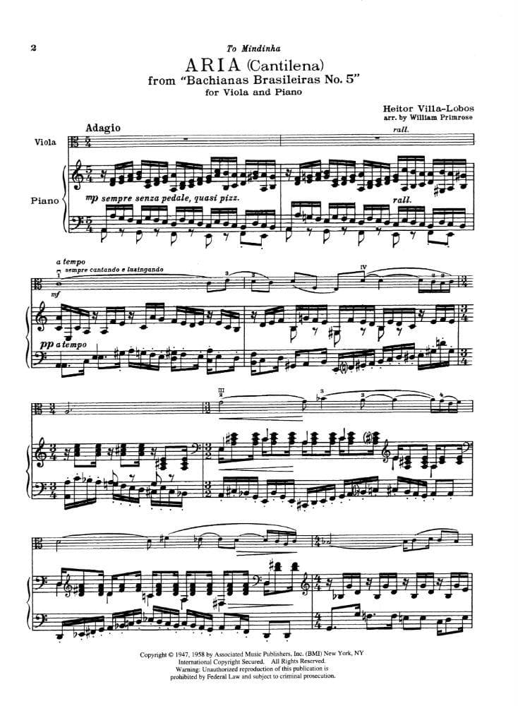 Villa-Lobos, Heitor - Aria from Bachianas Brasilieras No 5 For Viola and Piano with Optional Cello Published by Associated Music Publishers, Inc - Image 2