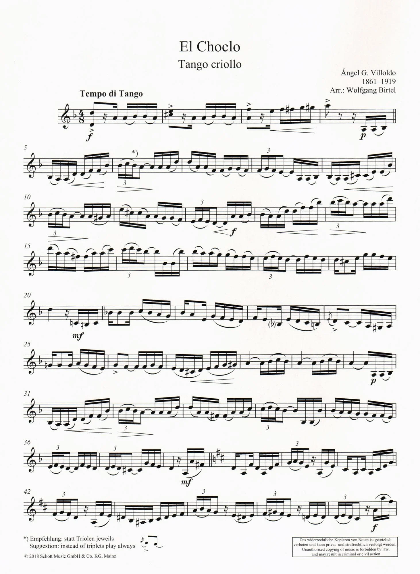 Villoldo, Angel - El Choclo (Tango Criollo) - for Violin and Piano - arranged by Woldgang Birtel - Schott - Image 2