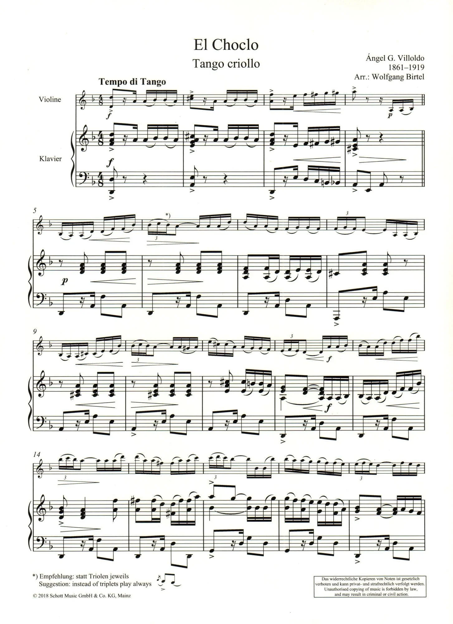 Villoldo, Angel - El Choclo (Tango Criollo) - for Violin and Piano - arranged by Woldgang Birtel - Schott - Image 3
