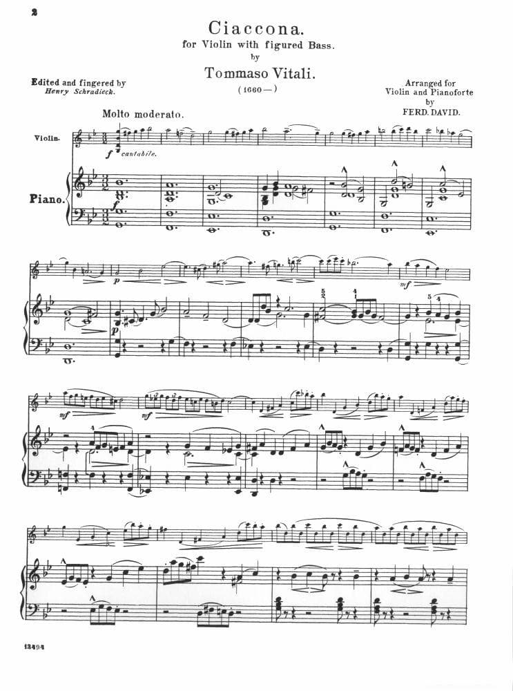 Vitali, Tomaso - Chaconne in G Minor - Violin and Piano - arranged by Ferdinand David - Schirmer - Image 2