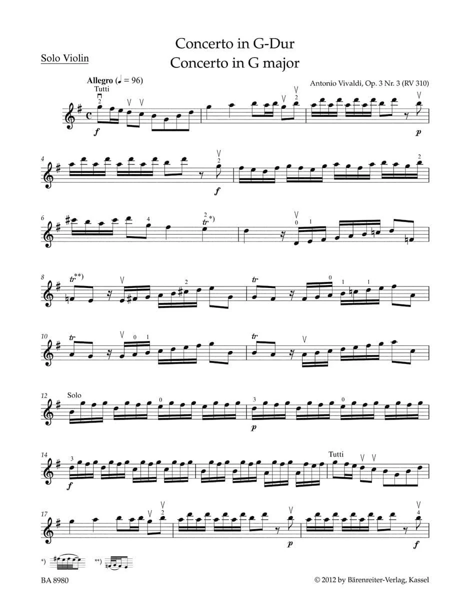 Vivaldi, Antonio - Concert Pieces: Concerto G Major, Op 3/3 - for Violin and Piano - edited by Kurt Sassmannshaus - Bärenreiter - Image 2