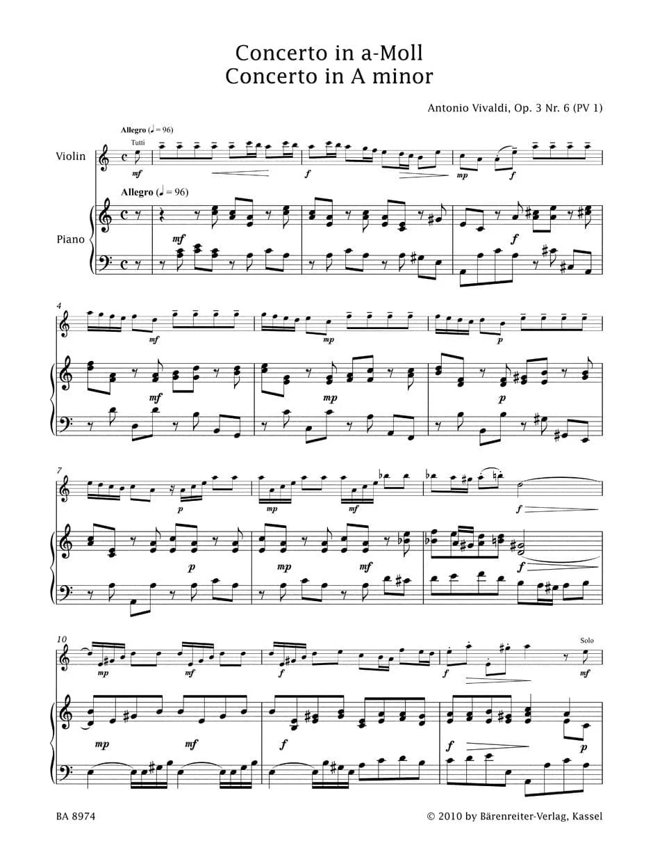 Vivaldi, Antonio - Violin Concerto in A Minor, Op 3 No 6, RV 356 - Violin and Piano - edited by Kurt Sassmannshaus - Bärenreiter - Image 3