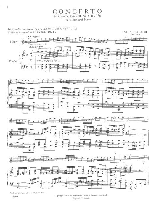 Vivaldi, Antonio - Violin Concerto in A Minor, Op 3 No 6, RV 356 - Violin and Piano - edited by Galamian - International Music Company - Image 2