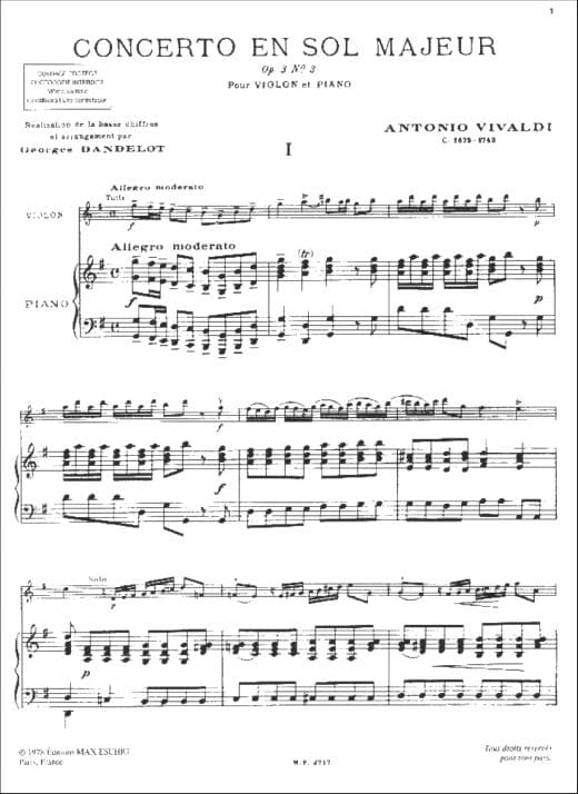 Vivaldi, Antonio - Violin Concerto in G Major, Op 3 No 3, RV 310 - Violin and Piano - edited by Dandelot and Isnard - Eschig - Image 2