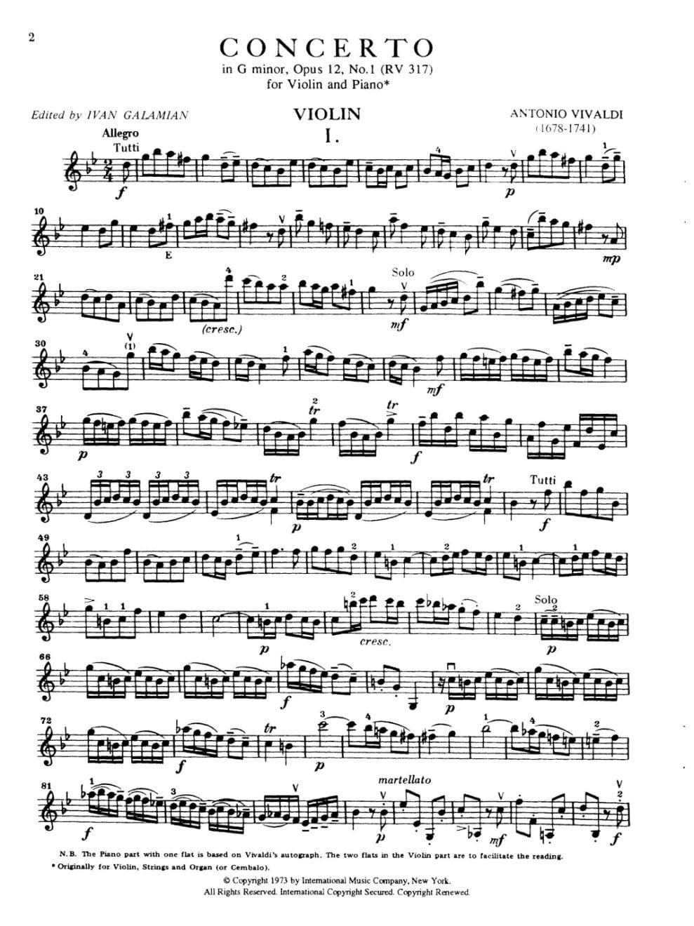 Vivaldi, Antonio - Concerto in g minor Op 12 No 1 RV 317 For Violin and Piano Edited by Ivan Galamian Published by International Music Company - Image 2