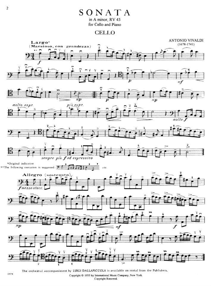 Vivaldi, Antonio - Sonata in a minor F XIV No 3 RV 43 For Cello and Piano Edited by Leonard Rose Published by International Music Company - Image 2