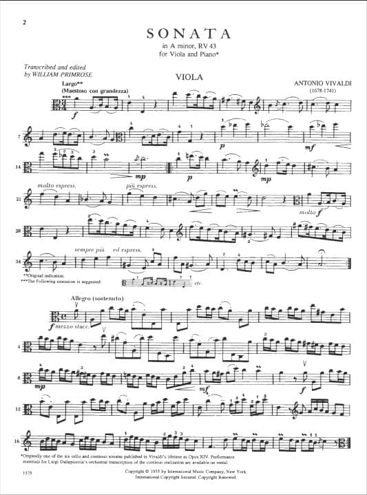Vivaldi, Antonio - Sonata No 3 in a minor, RV 43 - for Viola - edited by William Primrose - International Music Company - Image 2