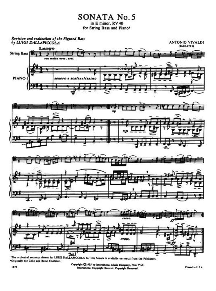 Vivaldi, Antonio - Sonata No 5 in e minor RV 40 For Bass and Piano Edited by Zimmermann Published by International Music Company - Image 3