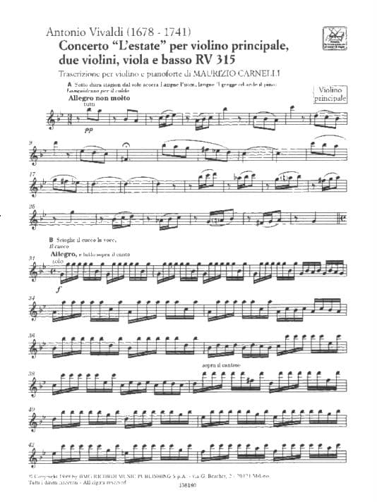 Vivaldi, Antonio - The Four Seasons: Concerto No 2 in G Minor, RV 315 "Summer" - Violin and Piano - edited by Carnelli - Ricordi - Image 2