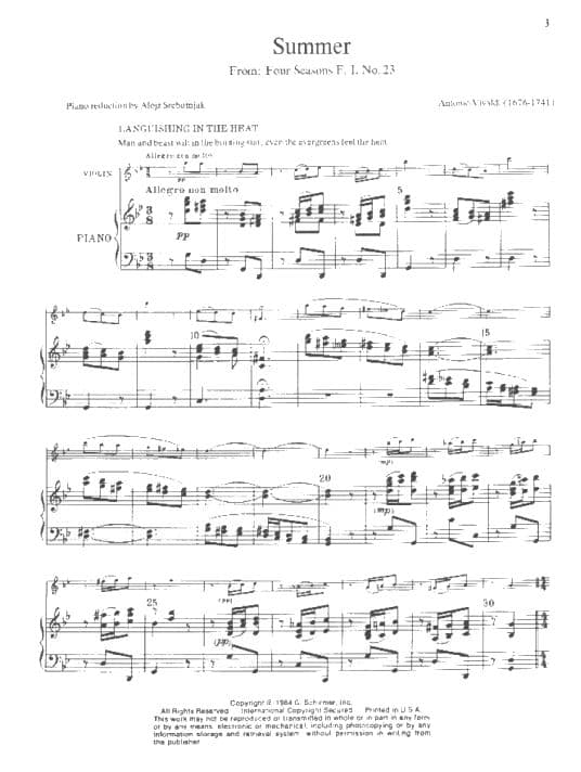 Vivaldi, Antonio - The Four Seasons: Concerto No 2 in G Minor, RV 315 "Summer" - Violin and Piano - edited by Klopcic - Schirmer - Image 2