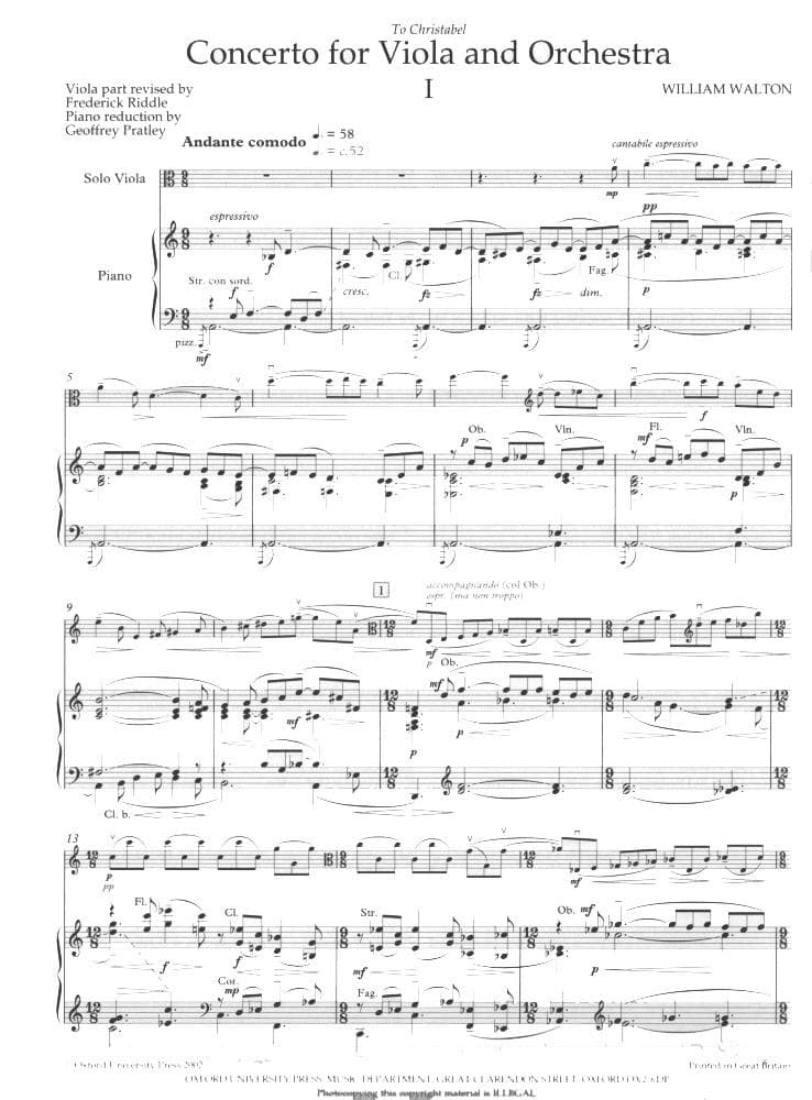 Walton, William - Concerto For Viola ( 1929 Revised 1962 ) With Piano Reduction Published by Oxford University Press - Image 2