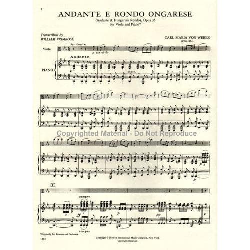 Weber - Andante and Rondo Ongarese Op 35 For Viola and Piano Edited by Primrose Published by International Music Company - Image 3