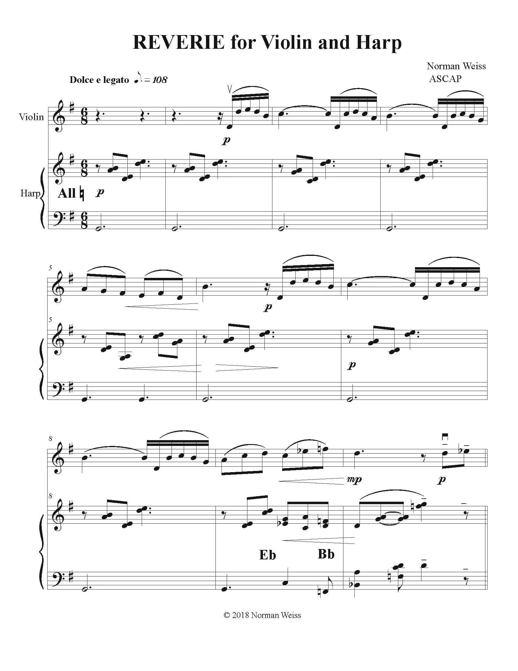 Weiss, Norman - Reverie for Violin and Piano (or Harp) - Digital Download - Image 3