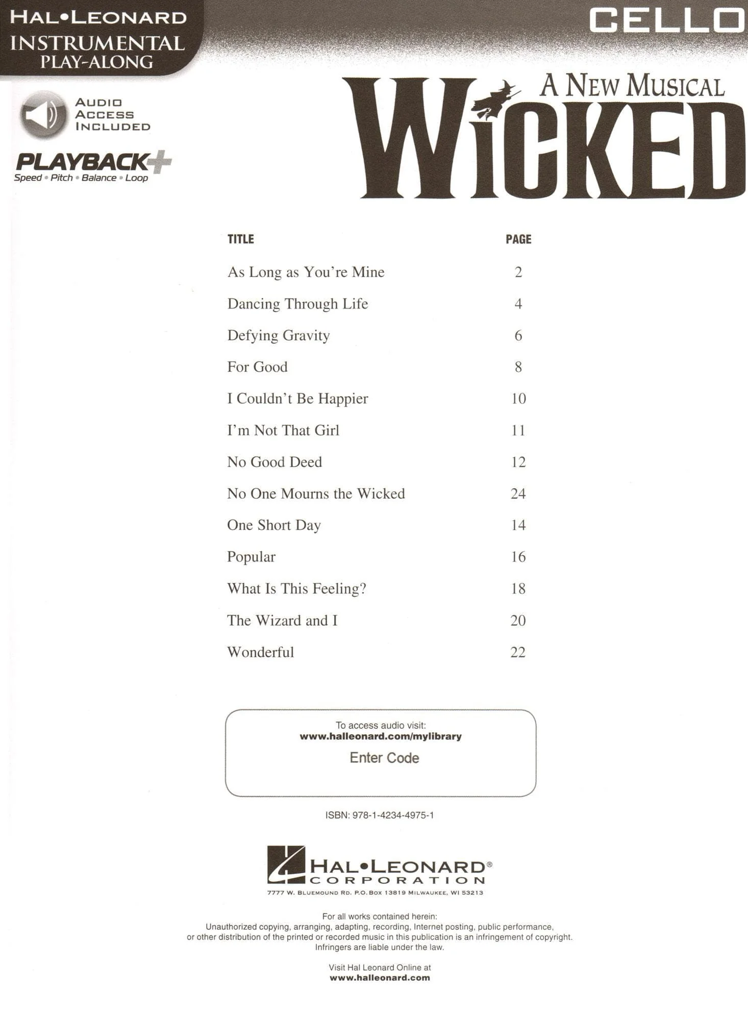 Wicked - 13 Songs from the Musical - for Cello with Audio Accompaniment - Hal Leonard Instrumental Play-Along - Image 2