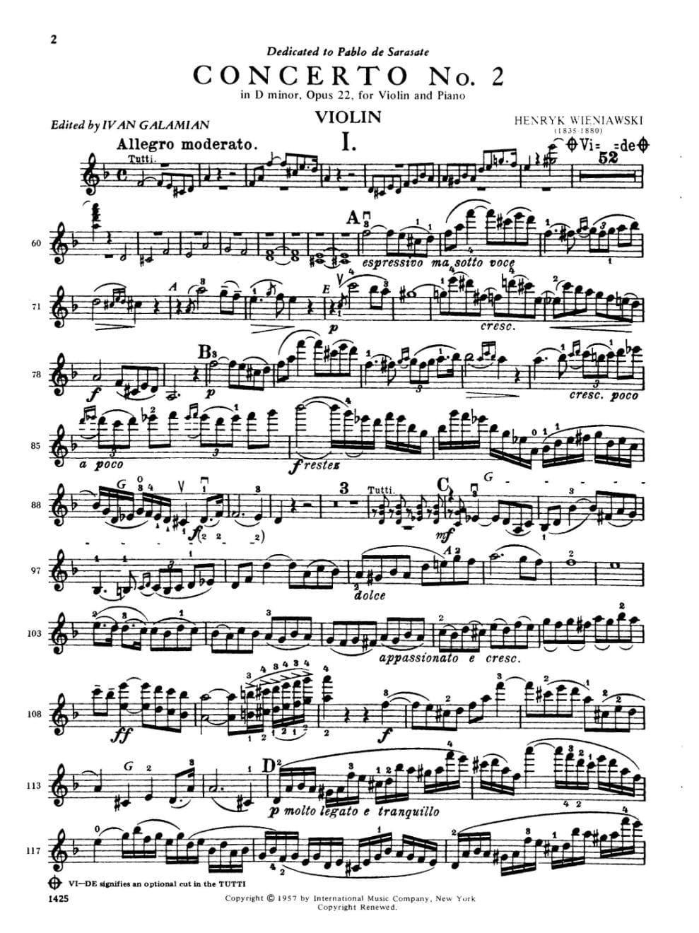 Wieniawski, Henryk - Concerto 2 in d minor, Op 22 For Violin and Piano Edited by Ivan Galamian Published by International Music Company - Image 2