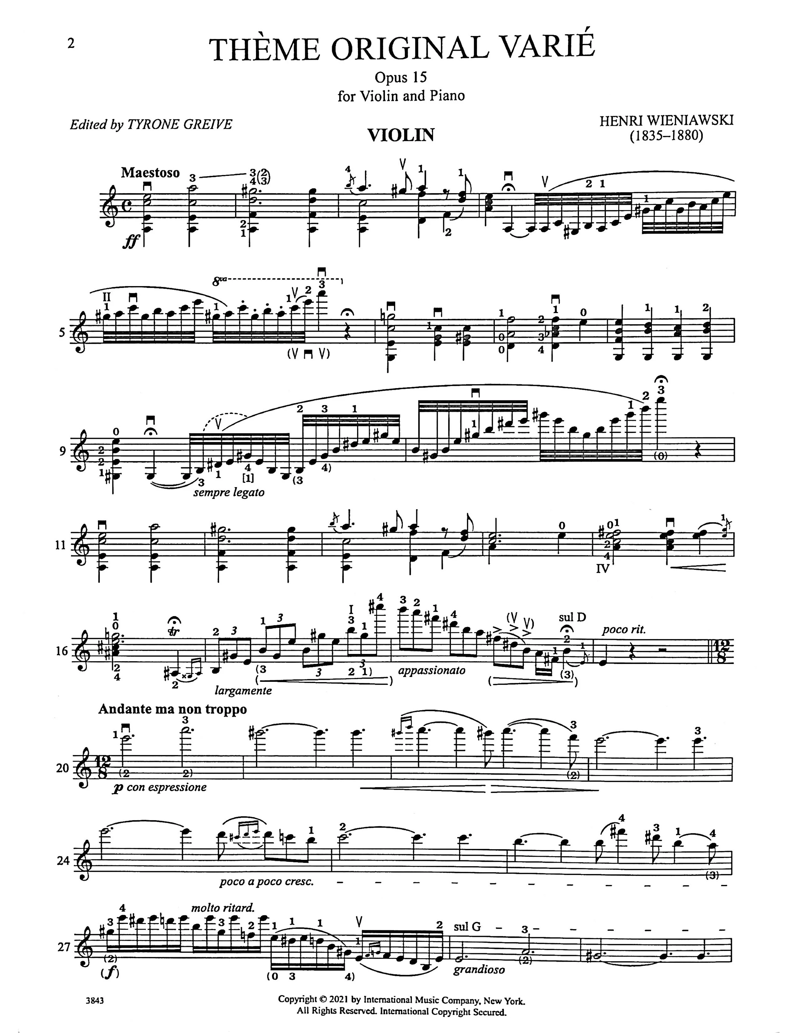 Wieniawski, Henri - Theme Original Varie Opus 15 - Violin and Piano - Edited by Greive - International Music Co. - Image 2
