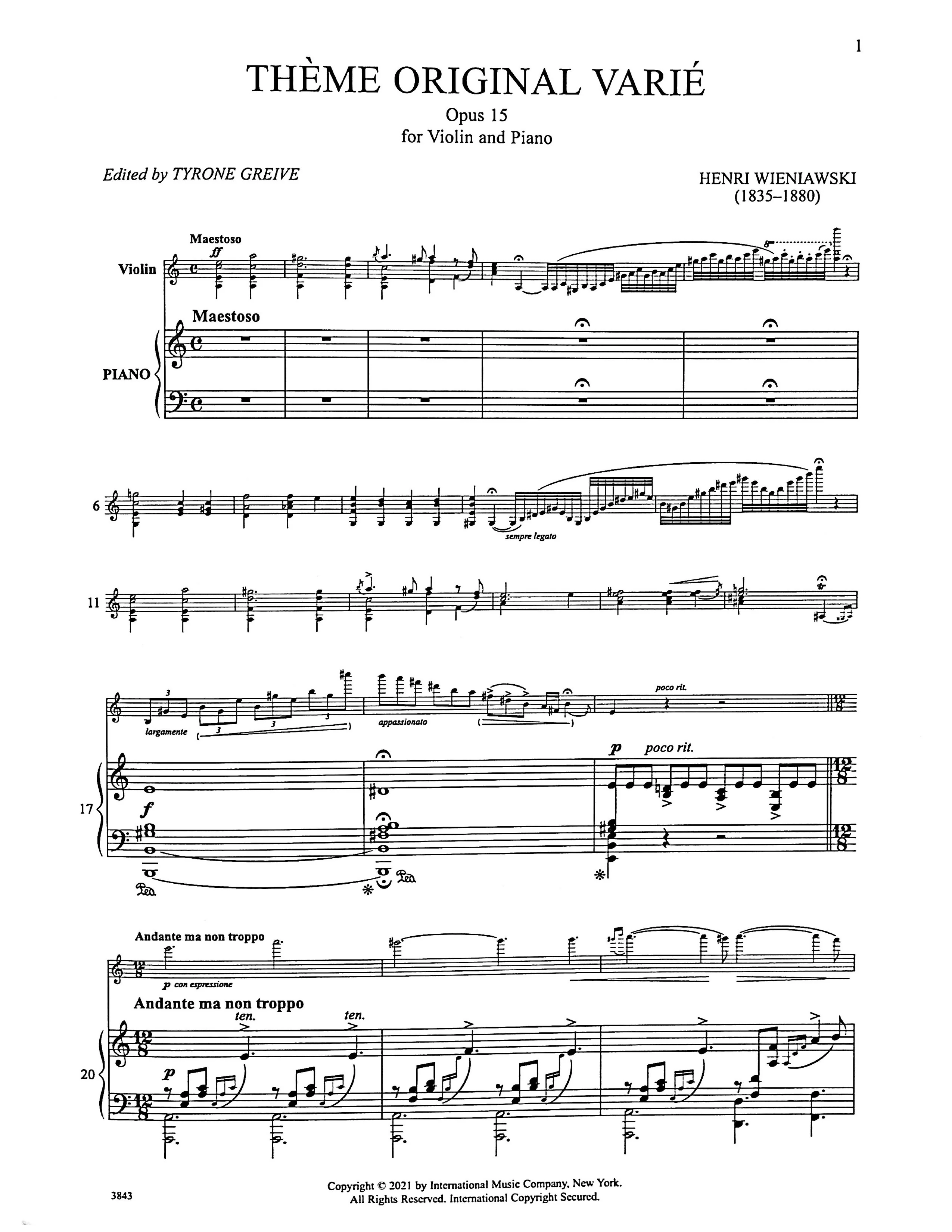 Wieniawski, Henri - Theme Original Varie Opus 15 - Violin and Piano - Edited by Greive - International Music Co. - Image 3