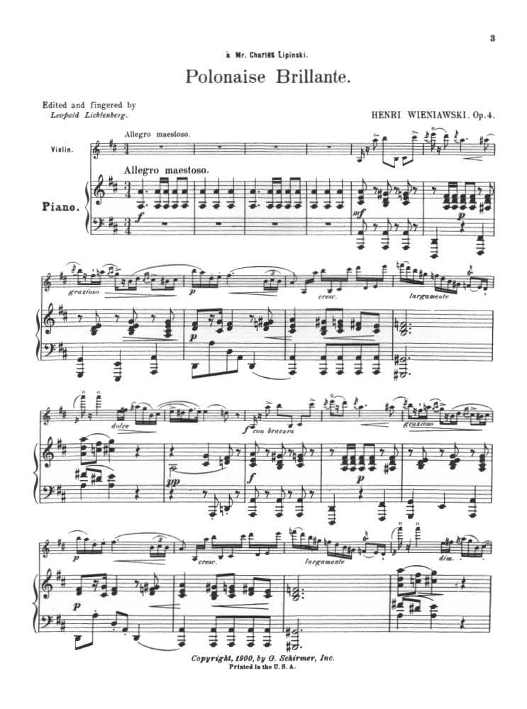 Wieniawski, Henryk - Polonaise Brillante In D Major Op 4 - for Violin and Piano - edited by Lichtenberg - G Schirmer - Image 2