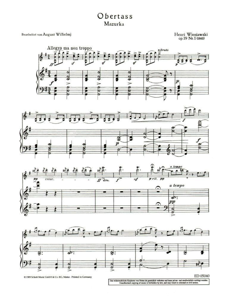Wieniawski, Henryk - Obertass (Mazurka), Op 19, No 1 - Violin and Piano - edited by August Wilhelmj - Schott Music - Image 2