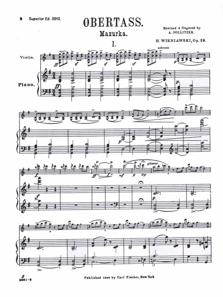 Wienawski, Henryk - Obertass (Mazurka), Op 19, No 1 - Violin and Piano - edited by A Pollitzer - Carl Fischer Edition - Image 2